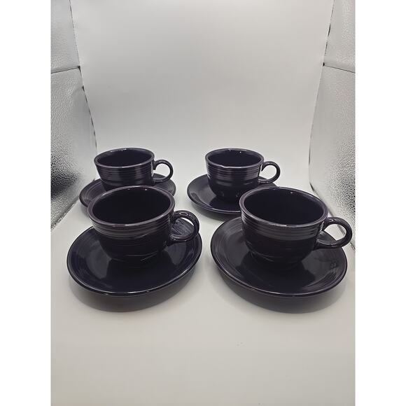 4 Homer Laughlin Fiestaware 3.75” Coffee Cups Mugs & 6” Saucer Plum Purple NICE! - Picture 1 of 4